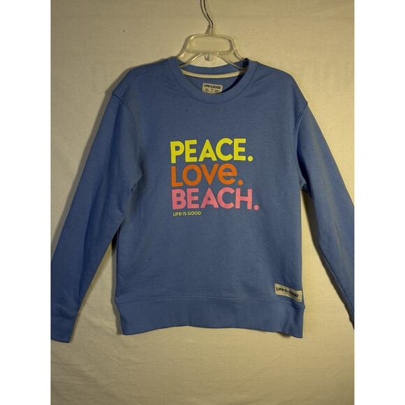 LIFE IS GOOD Peace.Love.Beach Simply True Fleece Crewneck XS Blue Sweatshirt - Picture 1 of 8